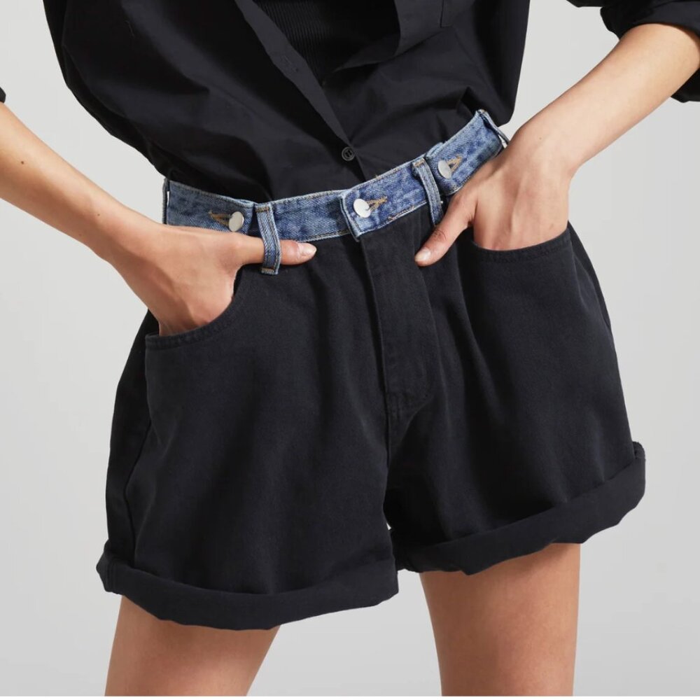 The Frankie Shop Black Denim-Look Jean Shorts with Blue Waistband